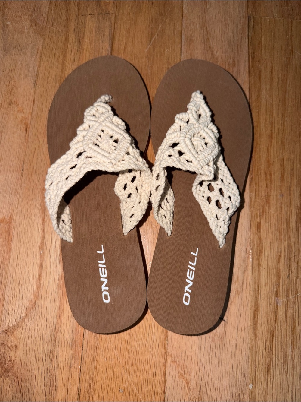 O'Neill Women's Brown Footbed Sandals with Cream Crochet Straps